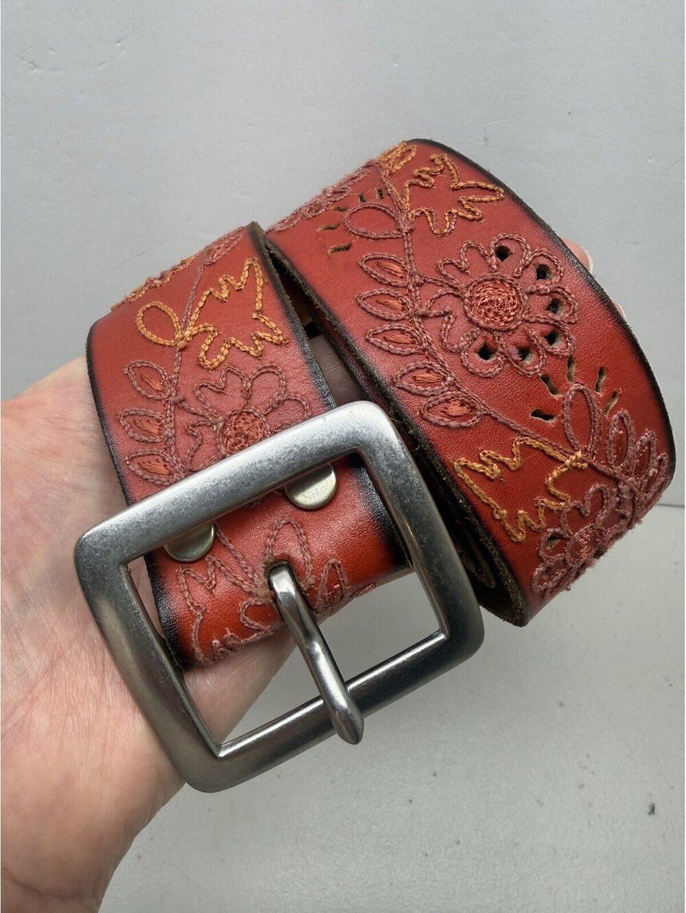 Lucky Brand Womens Small Red Leather Embroidered Belt Buror 629 Silver Buckle